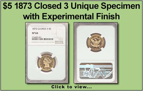 1873 Closed 3 $5 Unique Specimen with Experimental Finish